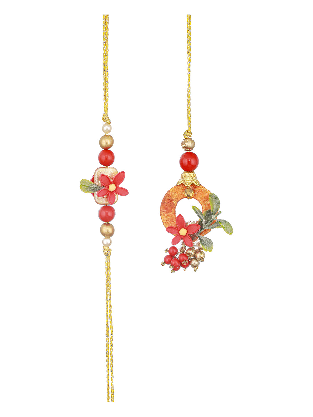 Set Of 2 Orange Red flower Beaded Handcrafted Lumba Rakhi Set For Boys & Girls with Roli Chawal