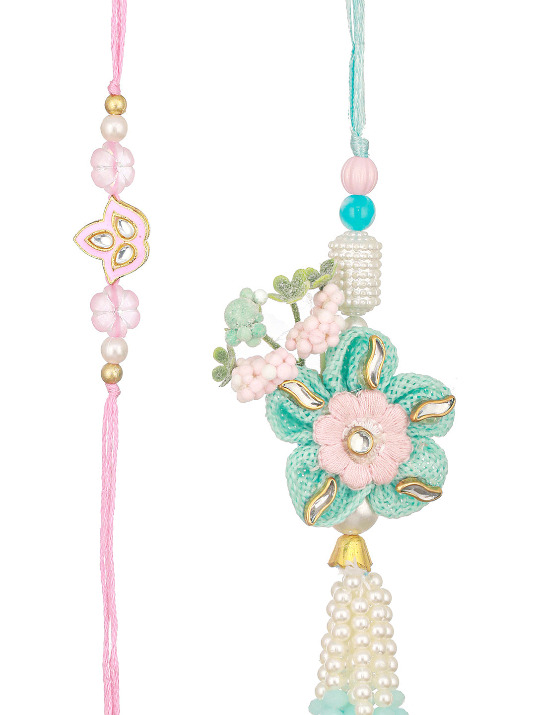 Set Of 2 Handcrafted Sea Green  Flower & Pearl Beaded Rakhi For Girls & Boys