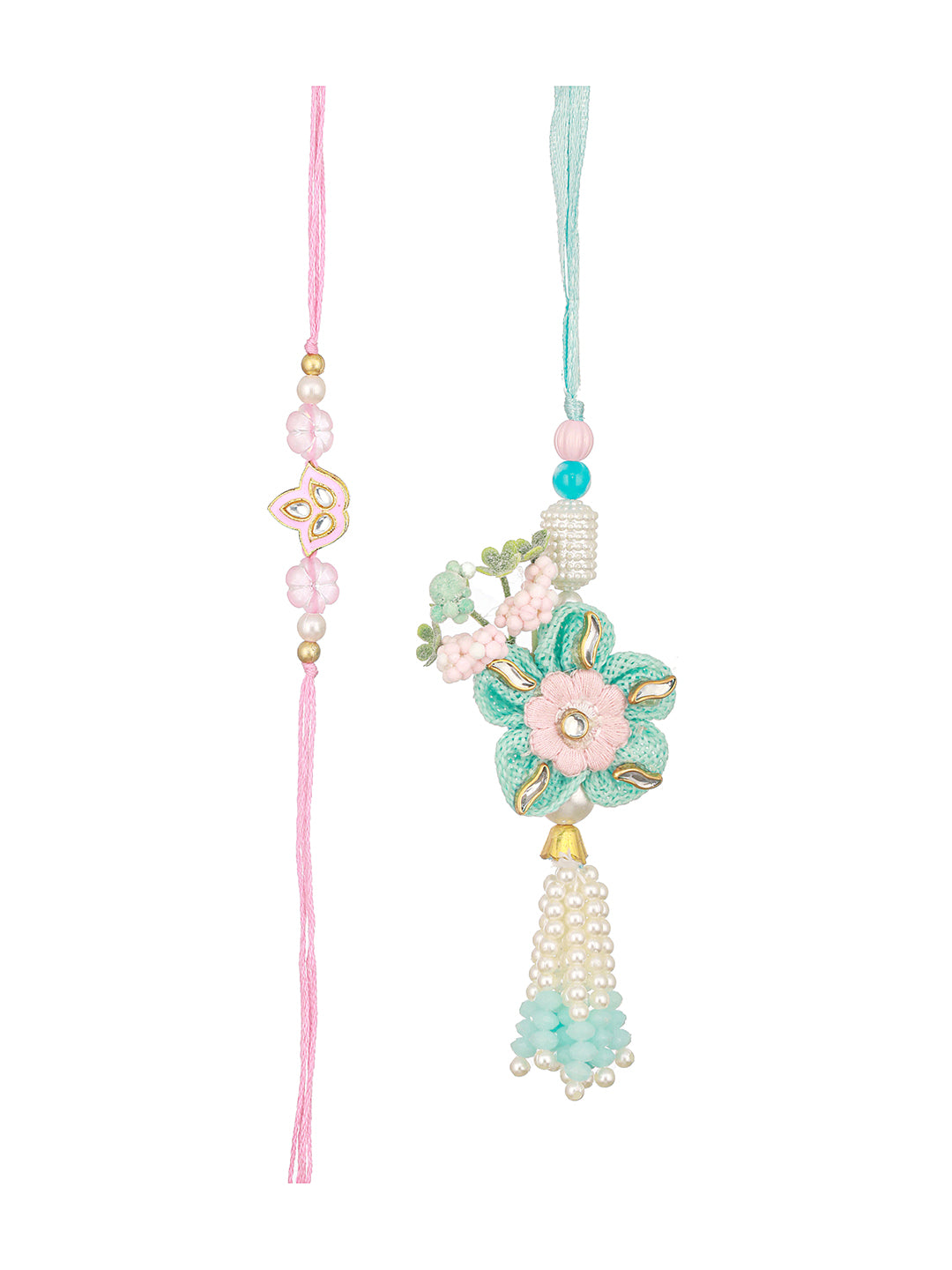 Set Of 2 Handcrafted Sea Green  Flower & Pearl Beaded Rakhi For Girls & Boys