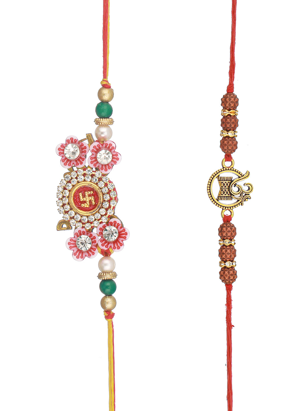 Set Of 2 OM & Swastik  Ethnic Rudraksh Handcrafted Thread  Rakhi With Roli Chawal