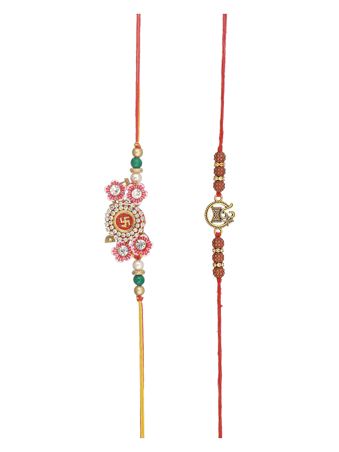 Set Of 2 OM & Swastik  Ethnic Rudraksh Handcrafted Thread  Rakhi With Roli Chawal