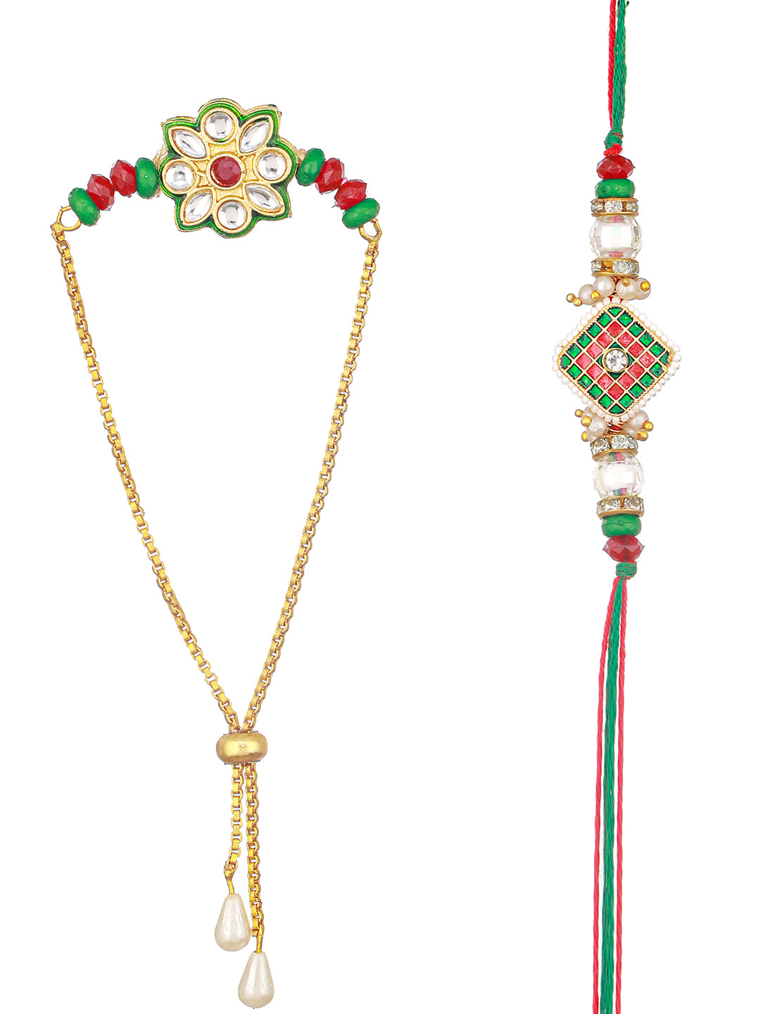 Set Of 2 Floral Green Kundan & Meenakari  Couple Bracelet Rakhi Set For Bhaiya & Bhabhi With Roli Tilak