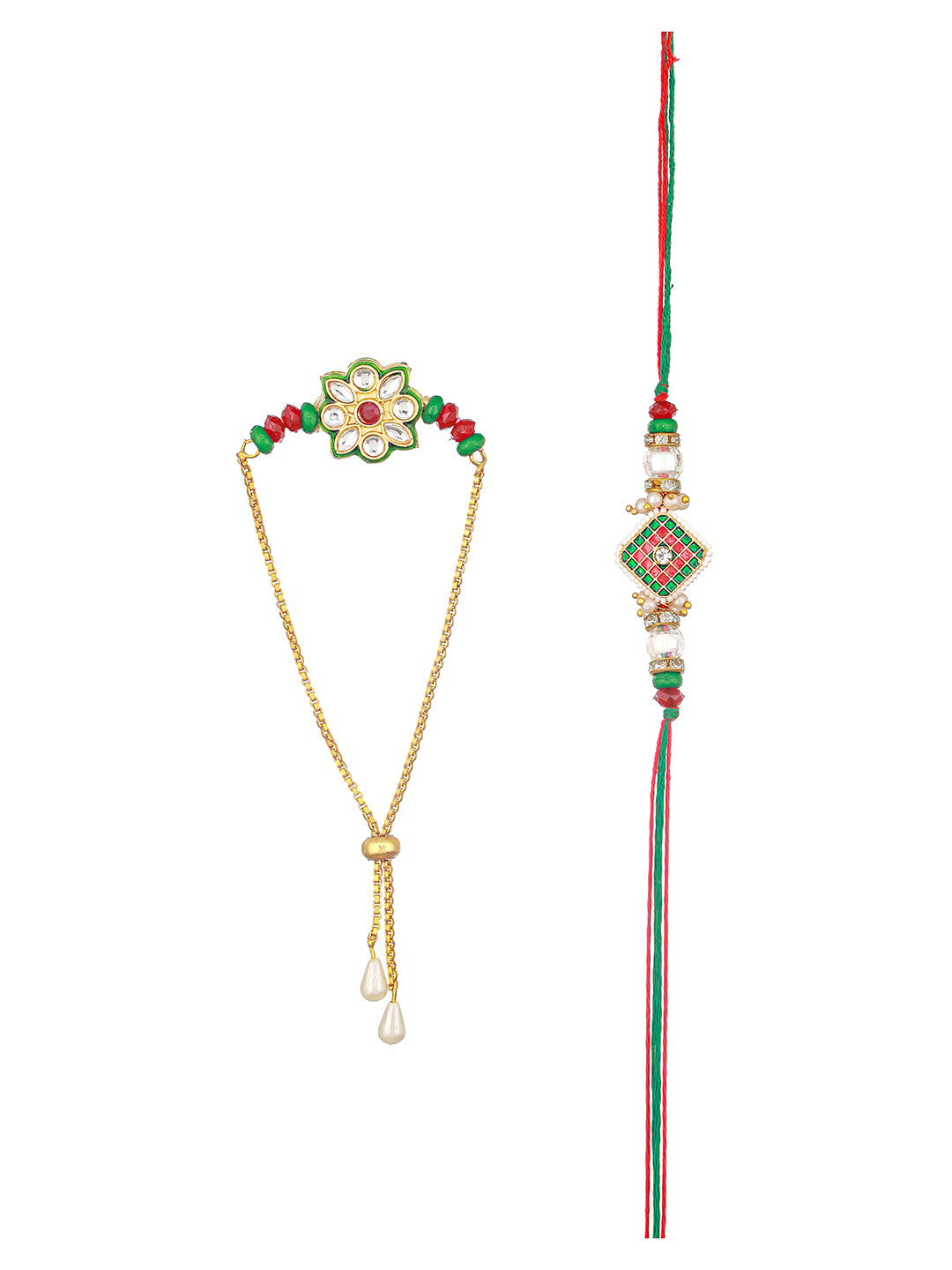 Set Of 2 Floral Green Kundan & Meenakari  Couple Bracelet Rakhi Set For Bhaiya & Bhabhi With Roli Tilak