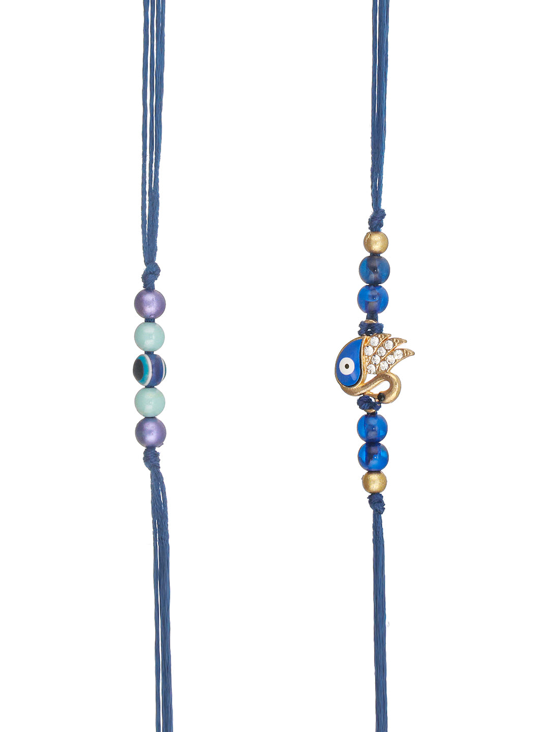 Set Of 2 Evil Eye Crystal Beaded  Swan Blue Thread Rakhi With Roli Tilak