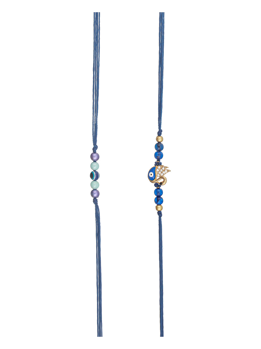 Set Of 2 Evil Eye Crystal Beaded  Swan Blue Thread Rakhi With Roli Tilak