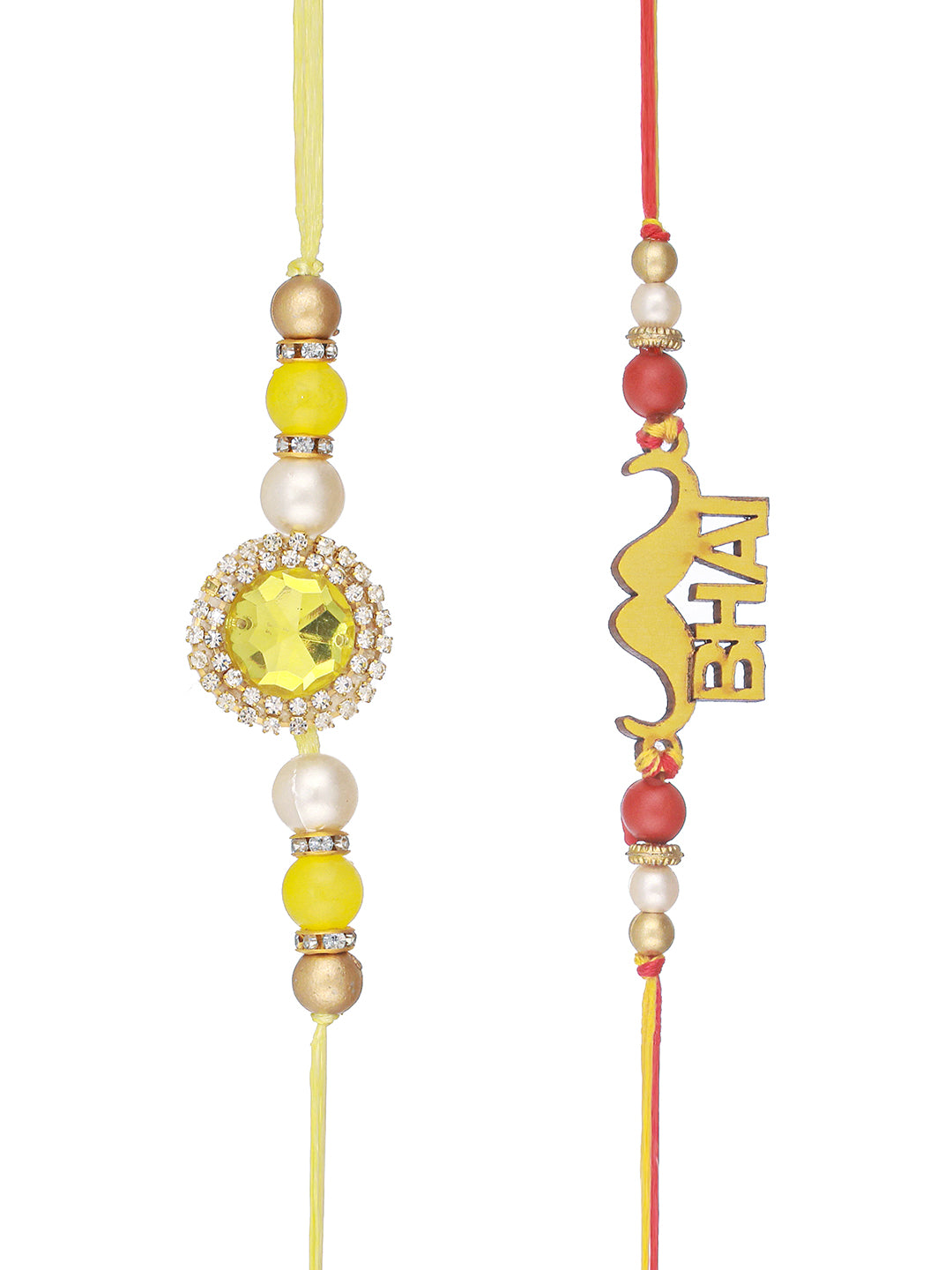 Set Of 2 Red Gold BHAI Thread Rakhi With Roli Chawal Pooja Plate
