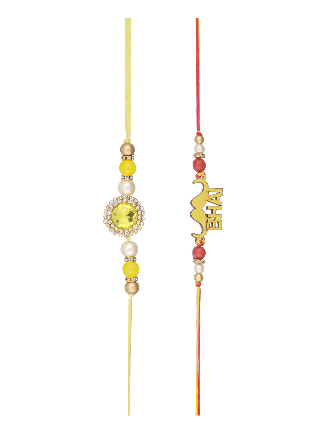 Set Of 2 Red Gold BHAI Thread Rakhi With Roli Chawal Pooja Plate