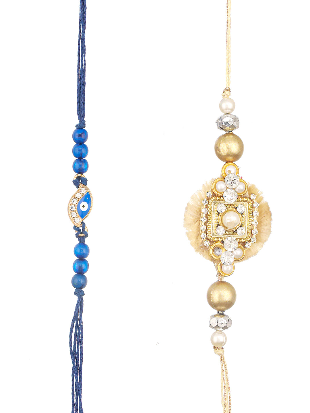 Set Of 2 Evil Eye & Stone Studded Traditional Handcrafted Thread  Rakhi With Roli Chawal
