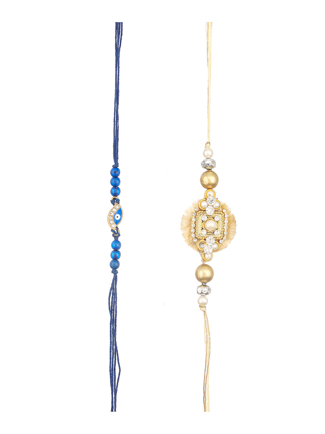 Set Of 2 Evil Eye & Stone Studded Traditional Handcrafted Thread  Rakhi With Roli Chawal