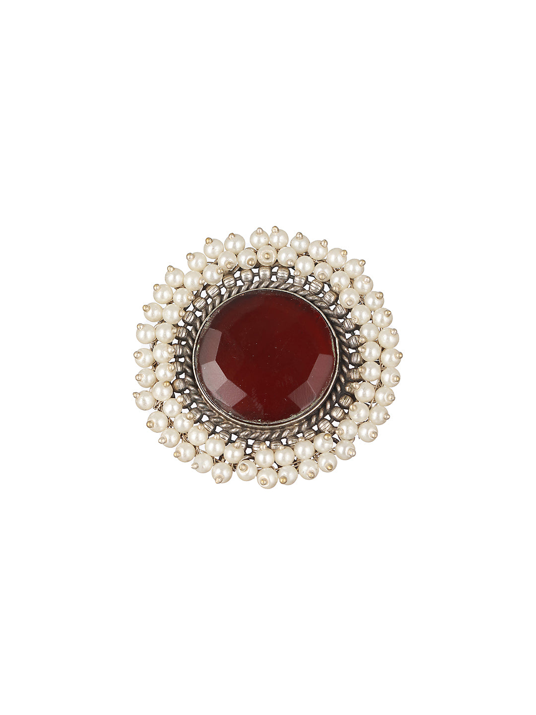 Silver Plated Oxidised Red Ruby Pearl Beaded Adjustable Finger  Ring