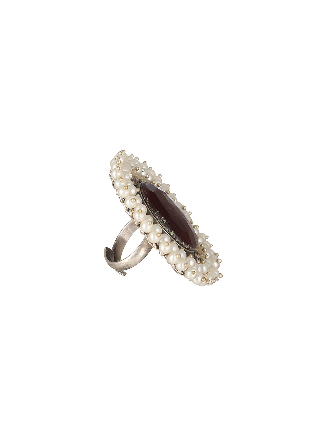 Silver Plated Oxidised Red Ruby Pearl Beaded Adjustable Finger  Ring