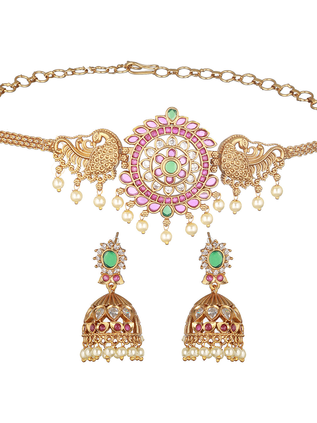 Gold Plated CZ Studded Floral Peacock  Choker  Jewellery Set