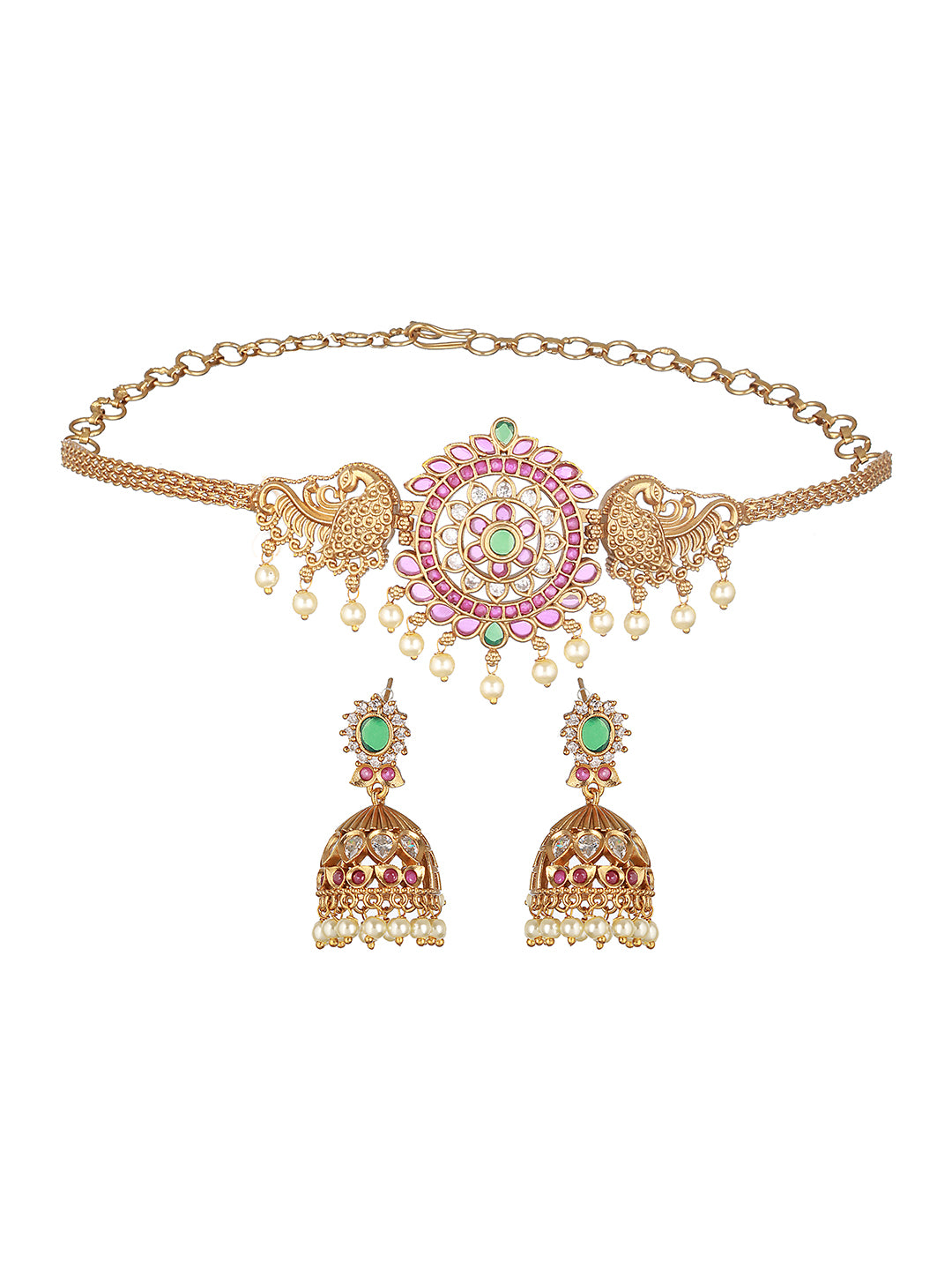 Gold Plated CZ Studded Floral Peacock  Choker  Jewellery Set