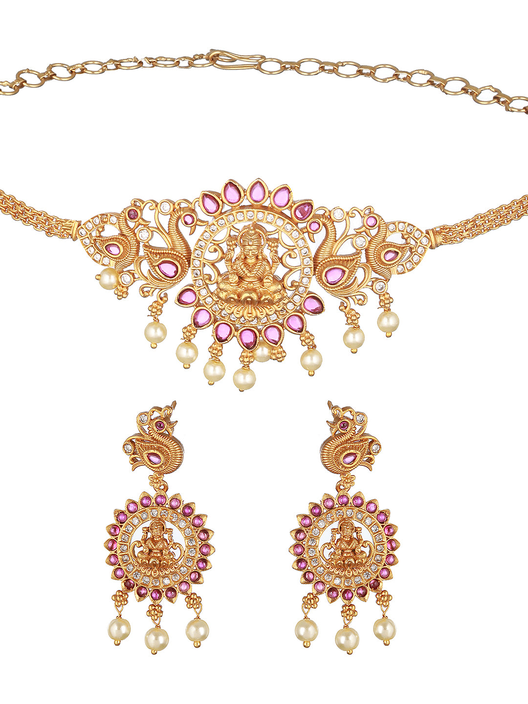Gold Plated Kempo  Studded Goddedd Lakshmi Temple Choker  Jewellery Set
