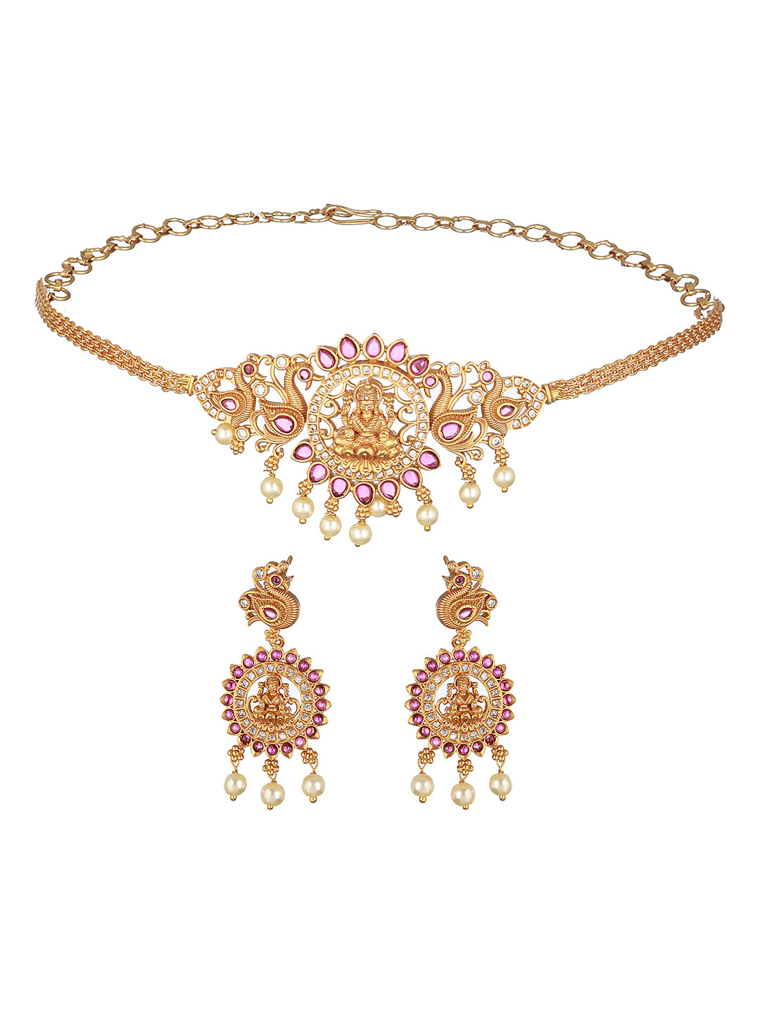 Gold Plated Kempo  Studded Goddedd Lakshmi Temple Choker  Jewellery Set