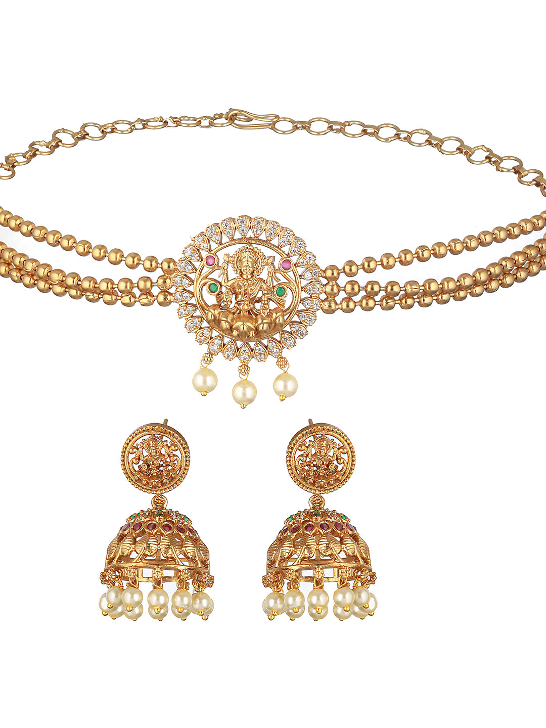 Gold Plated Zircon Studded Goddess Figure Choker  Jewellery Set