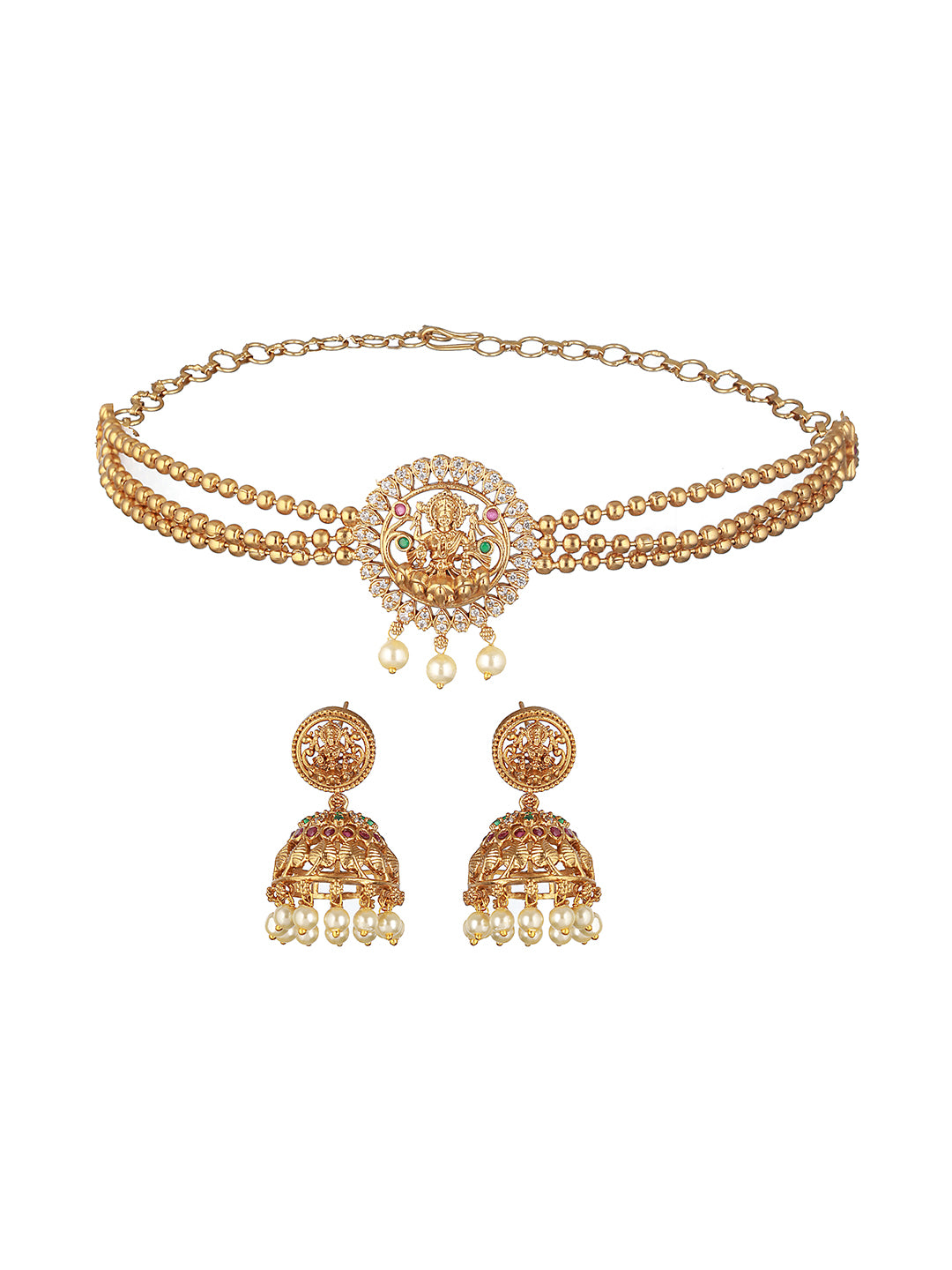 Gold Plated Zircon Studded Goddess Figure Choker  Jewellery Set