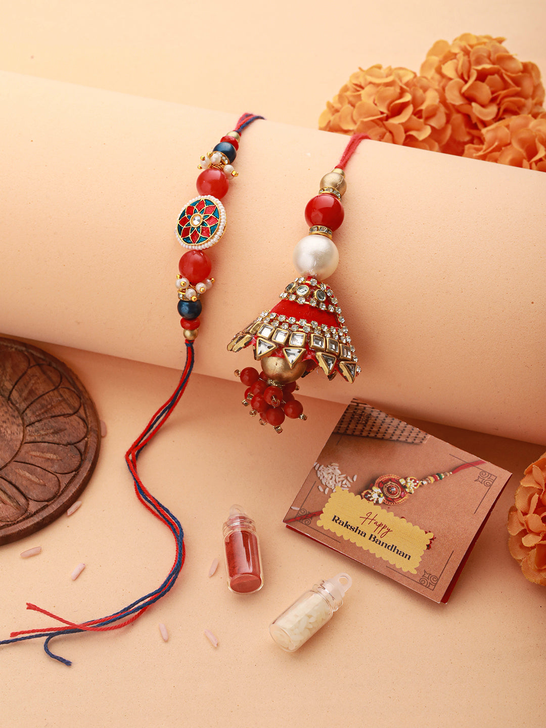 Set Of 2 Designer Red  Kundan & pearl  Handcrafted Lumba Rakhi Set With Roli Chawal For Bhai & Bhabhi