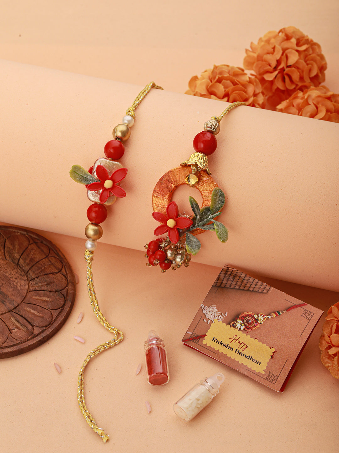 Set Of 2 Orange Red flower Beaded Handcrafted Lumba Rakhi Set For Boys & Girls with Roli Chawal