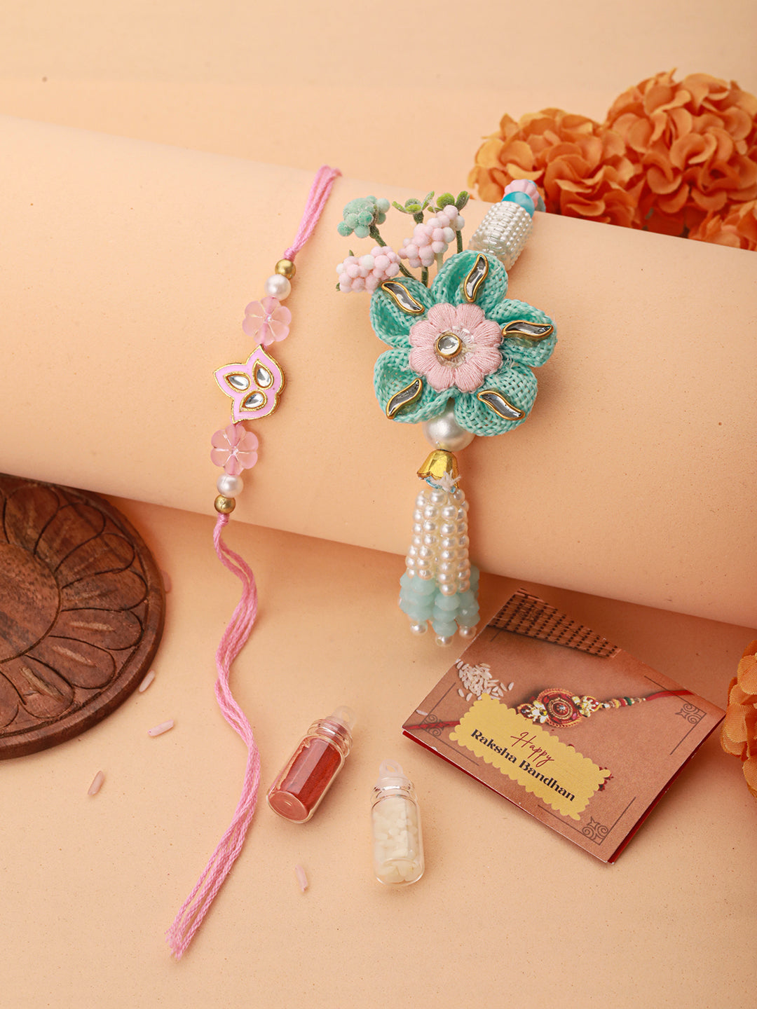 Set Of 2 Handcrafted Sea Green  Flower & Pearl Beaded Rakhi For Girls & Boys