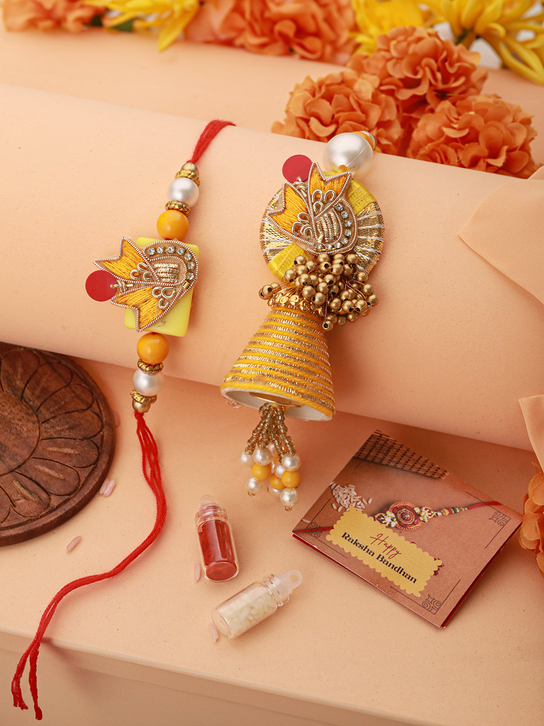 Set of 2 Yellow Designer Zardozi & Pearl Beaded Handcrafted Lumba Rakhi Set For Bhaiya & Bhabhi