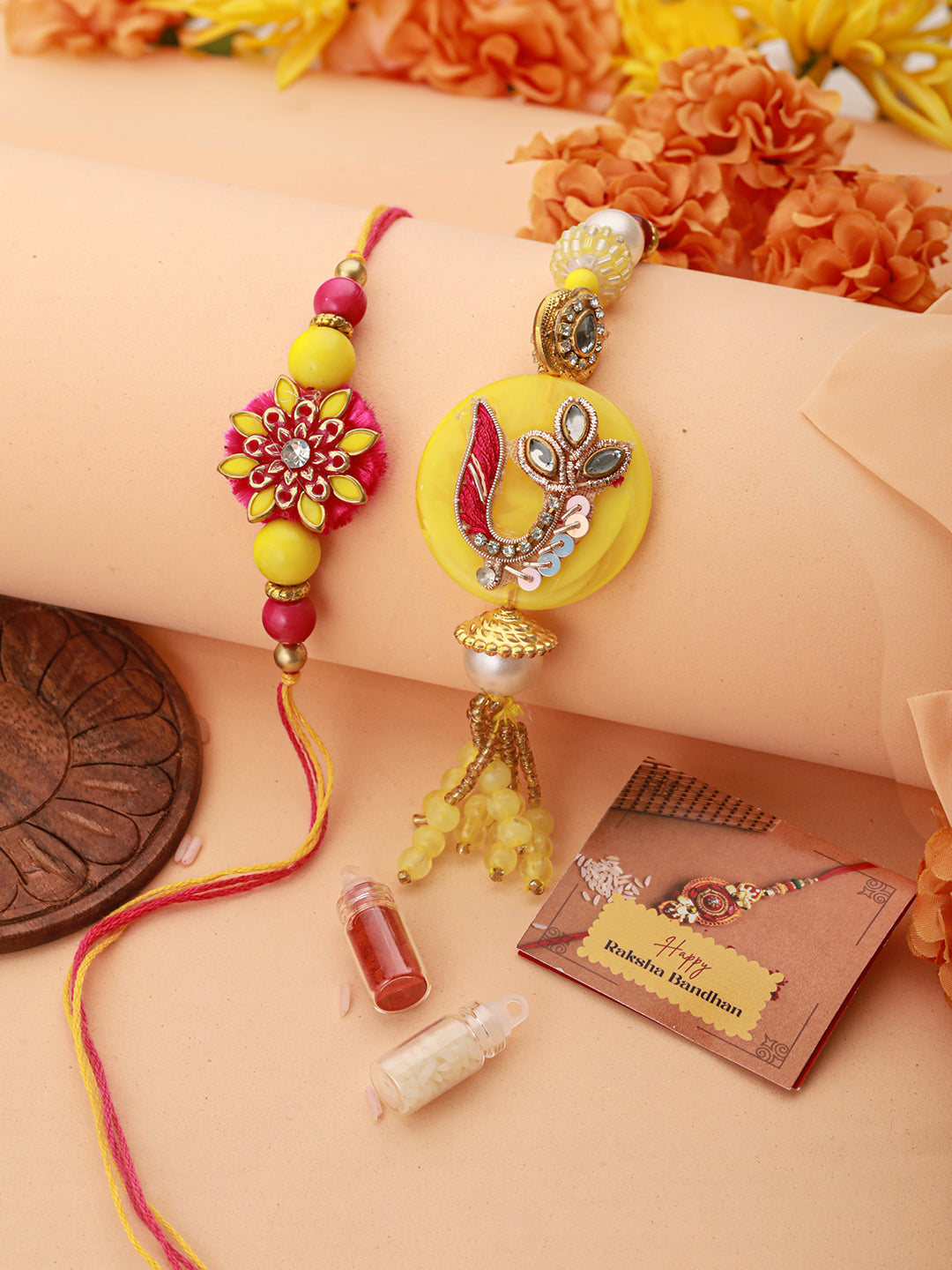 Set of 2 Yellow Kundan  Rakhi For Bhaiya & Bhabhi  Handcrafted Lumba Rakhi Set With Roli Chawal