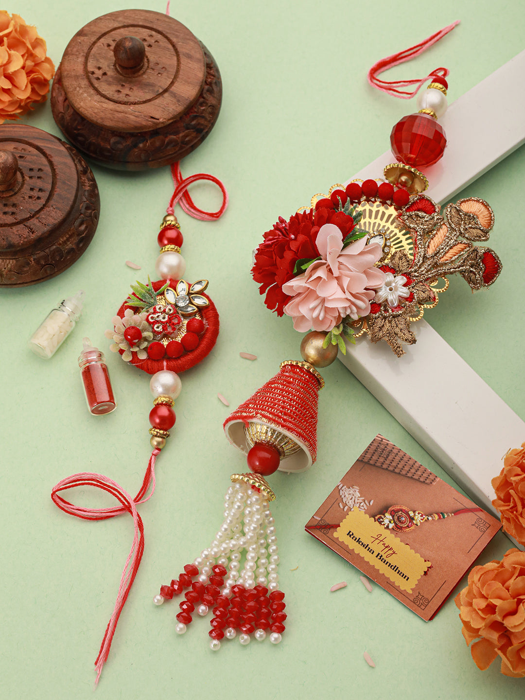 Set of 2 Designer Red  Kundan Zardozi  Handcrafted Lumba Rakhi Set With Roli Chawal For Bhai & Bhabhi