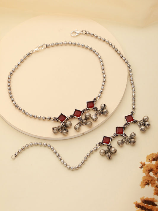 Set Of 2 Oxidised Silver Plated Red Stone Payal Anklet