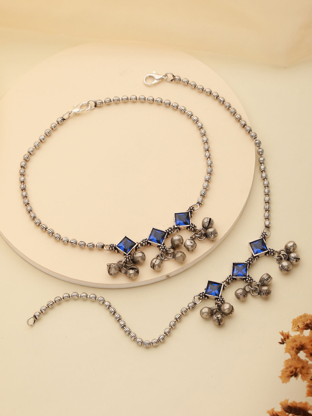 Set Of 2 Oxidised Silver Plated Blue Stone Payal Anklet