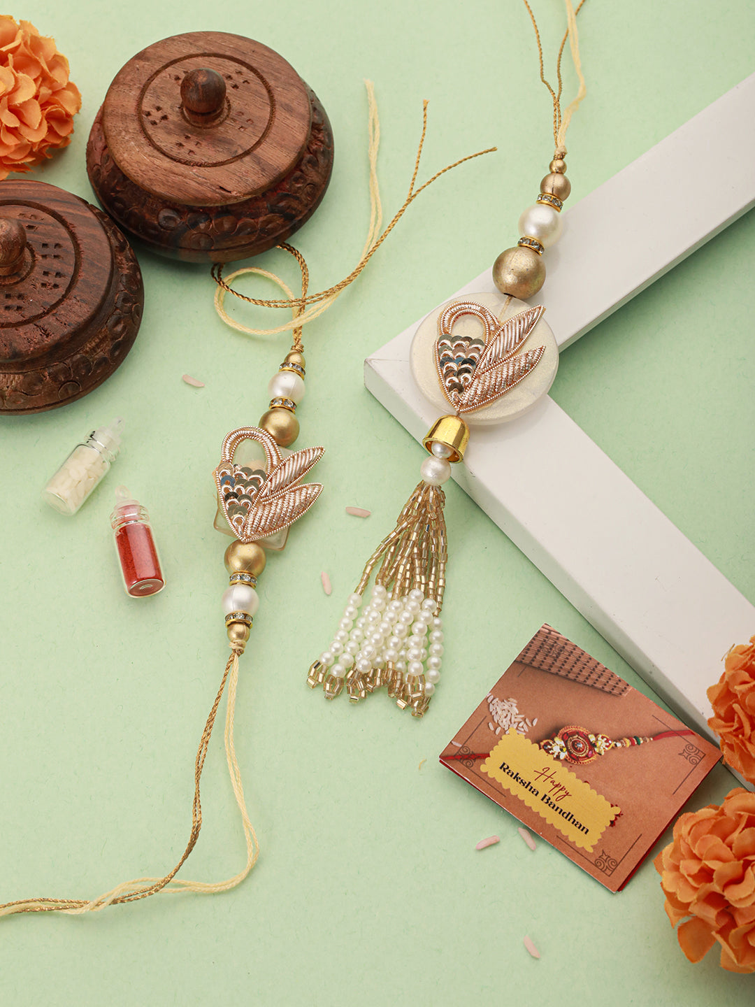 Set Of 2 Zardozi & Pearl Beaded  Ethnic Designer Lumba Rakhi Set With Roli Chawal
