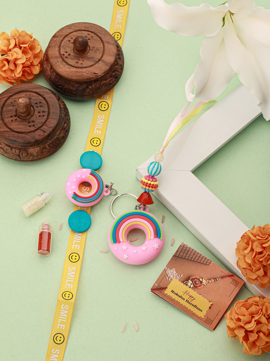 Set Of 2 Boy & Girl Donut  Key Chain Toy Rakhi Set with Roli Chawal