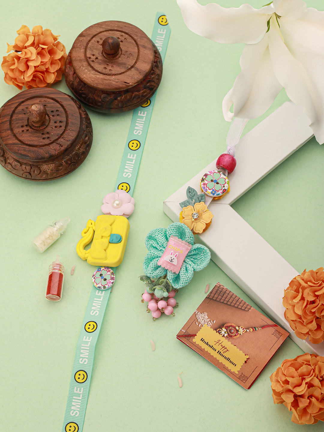 Set Of 2 Cute Handcrafted Ribbon Purse Flower Toy Rakhi Set For Kids