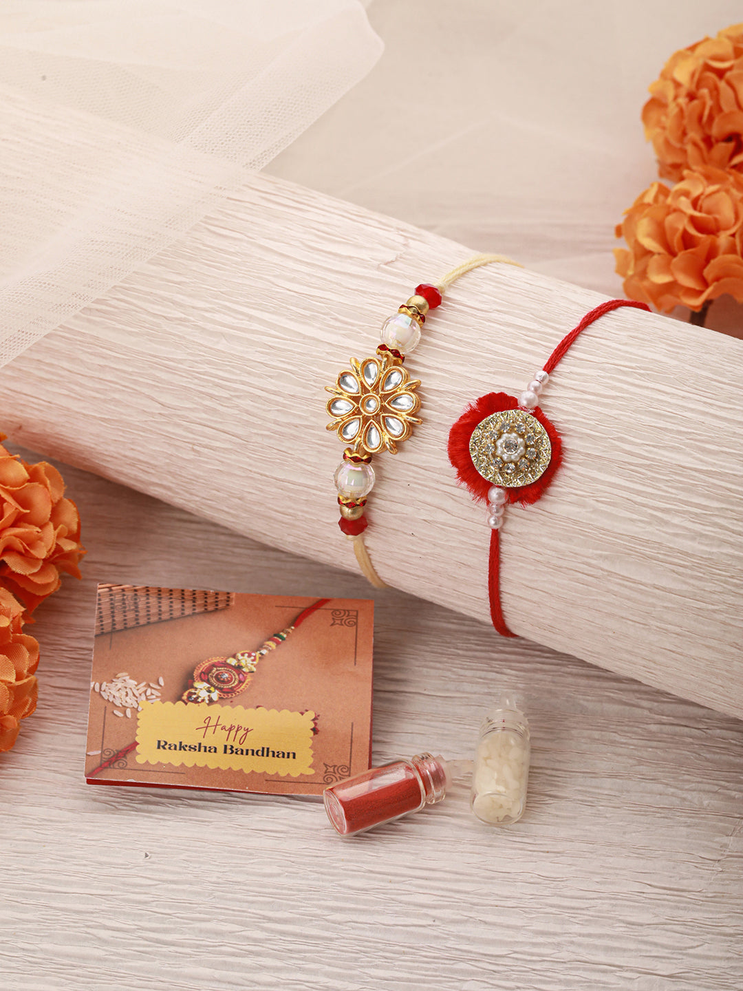 Set Of 2 Kundan Studded & Pearl Beaded Traditional  Thread Rakhi With Roli Tilak