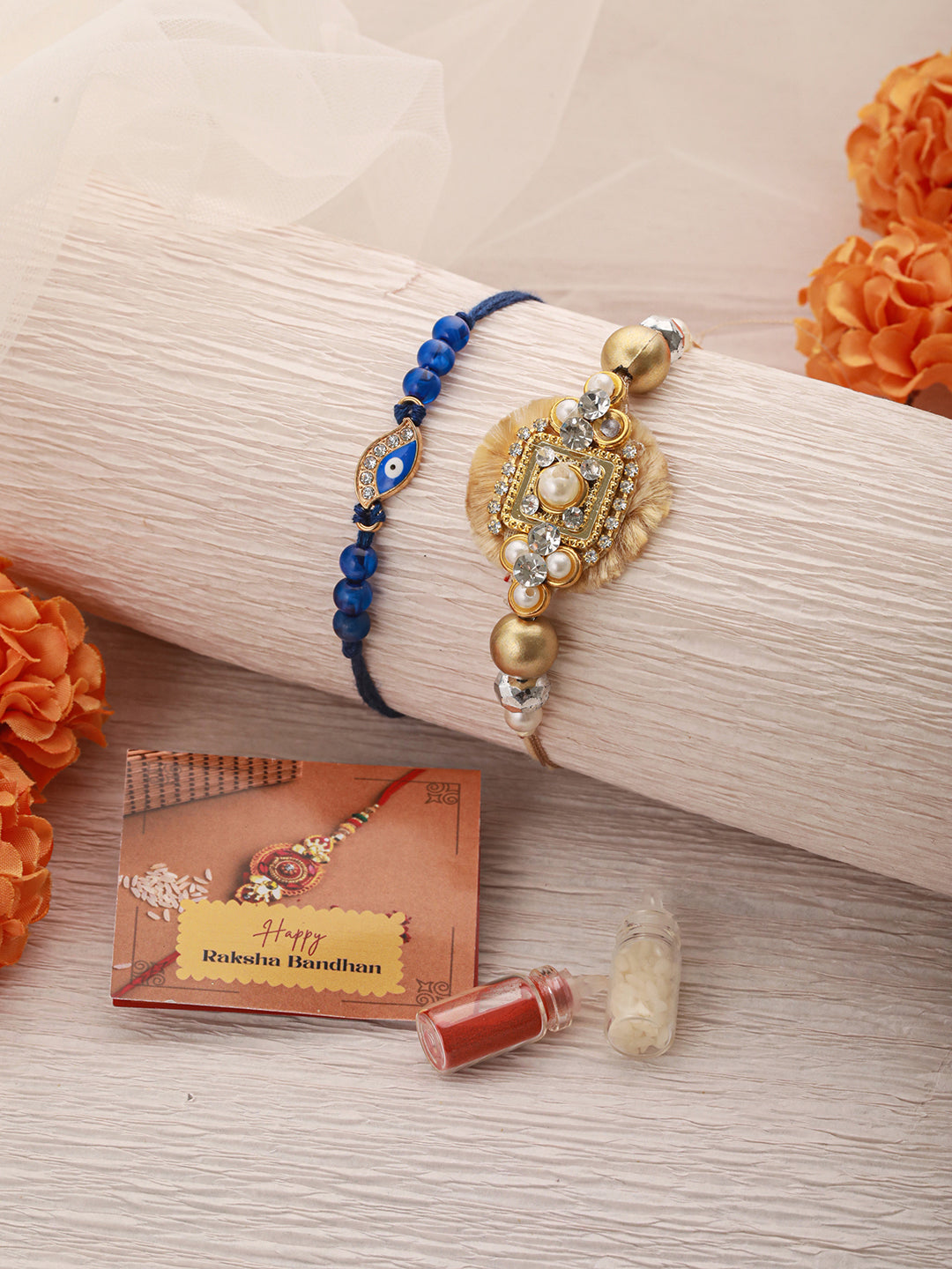 Set Of 2 Evil Eye & Stone Studded Traditional Handcrafted Thread  Rakhi With Roli Chawal