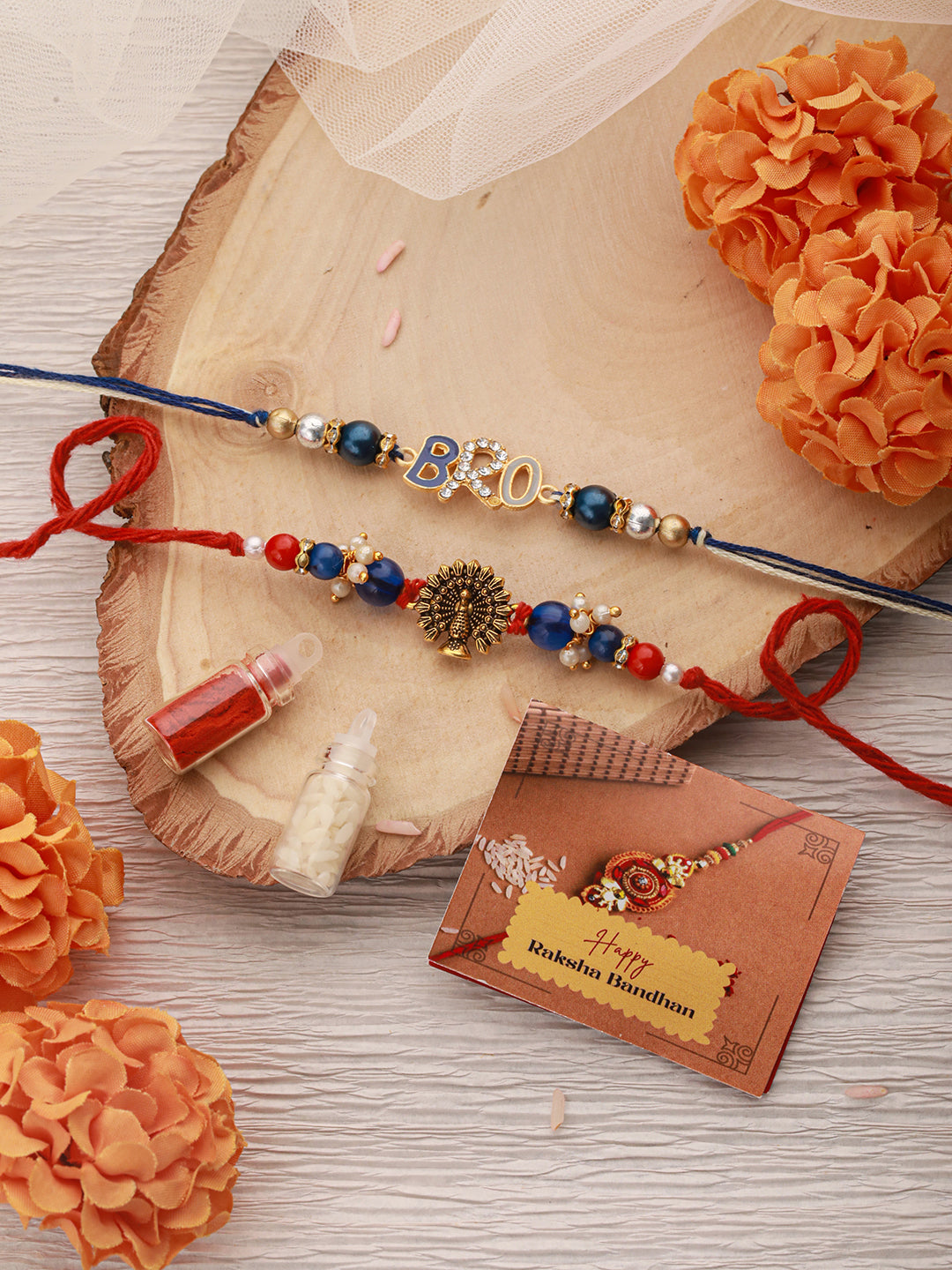 Set Of 2 Stone & Crystal studded BRO Thread Rakhi With Tilak