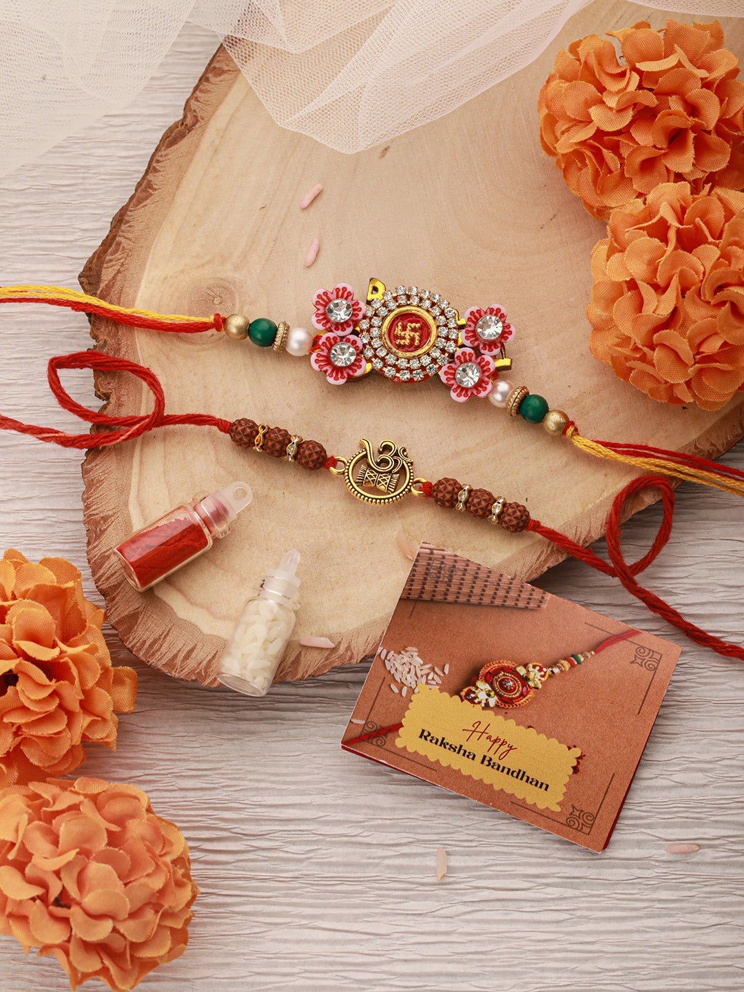 Set Of 2 OM & Swastik  Ethnic Rudraksh Handcrafted Thread  Rakhi With Roli Chawal