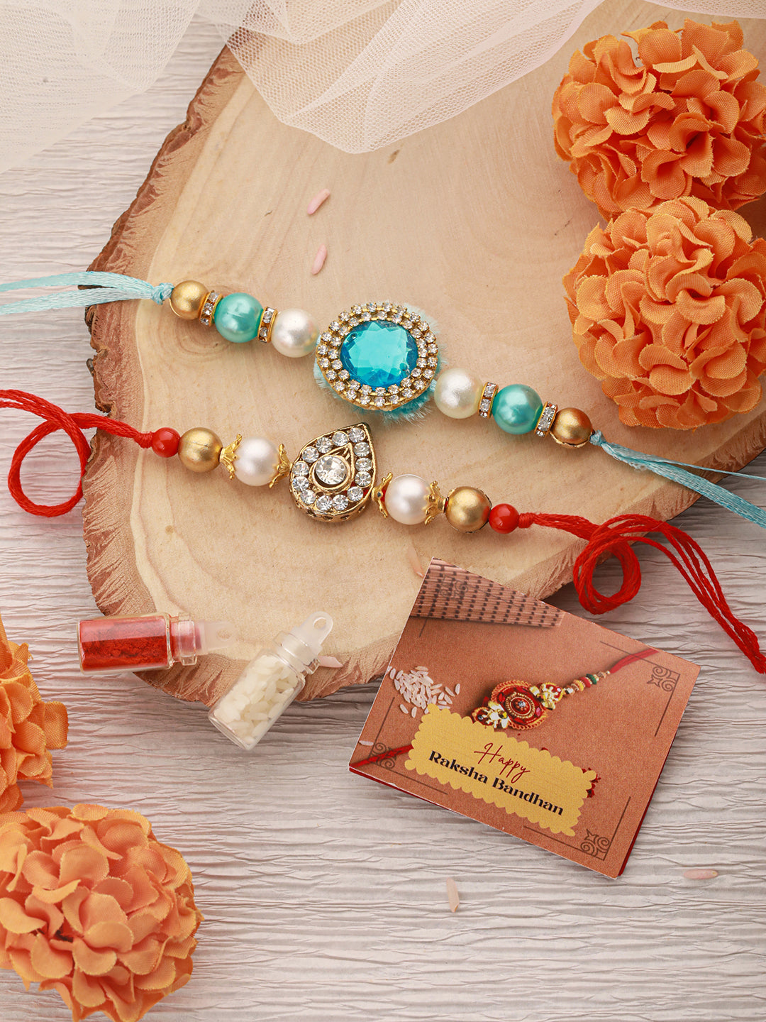 Set of 2 Kundan & AD Studded Designer Handcrafted Rakhi With Roli Chawal
