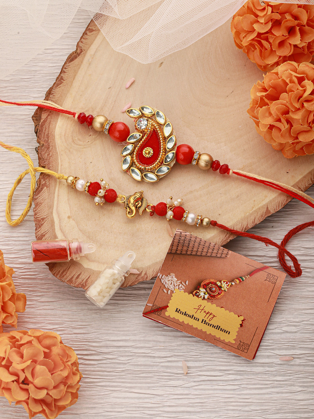 Set Of 2 Ganesha & Carry Ethnic Handcrafted Thread  Rakhi With Roli Chawal