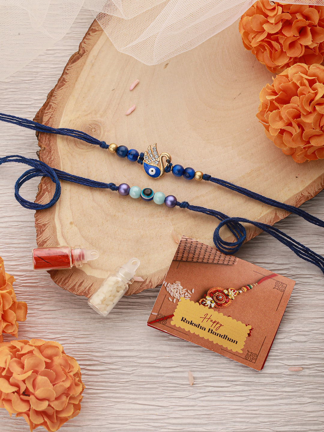 Set Of 2 Evil Eye Crystal Beaded  Swan Blue Thread Rakhi With Roli Tilak