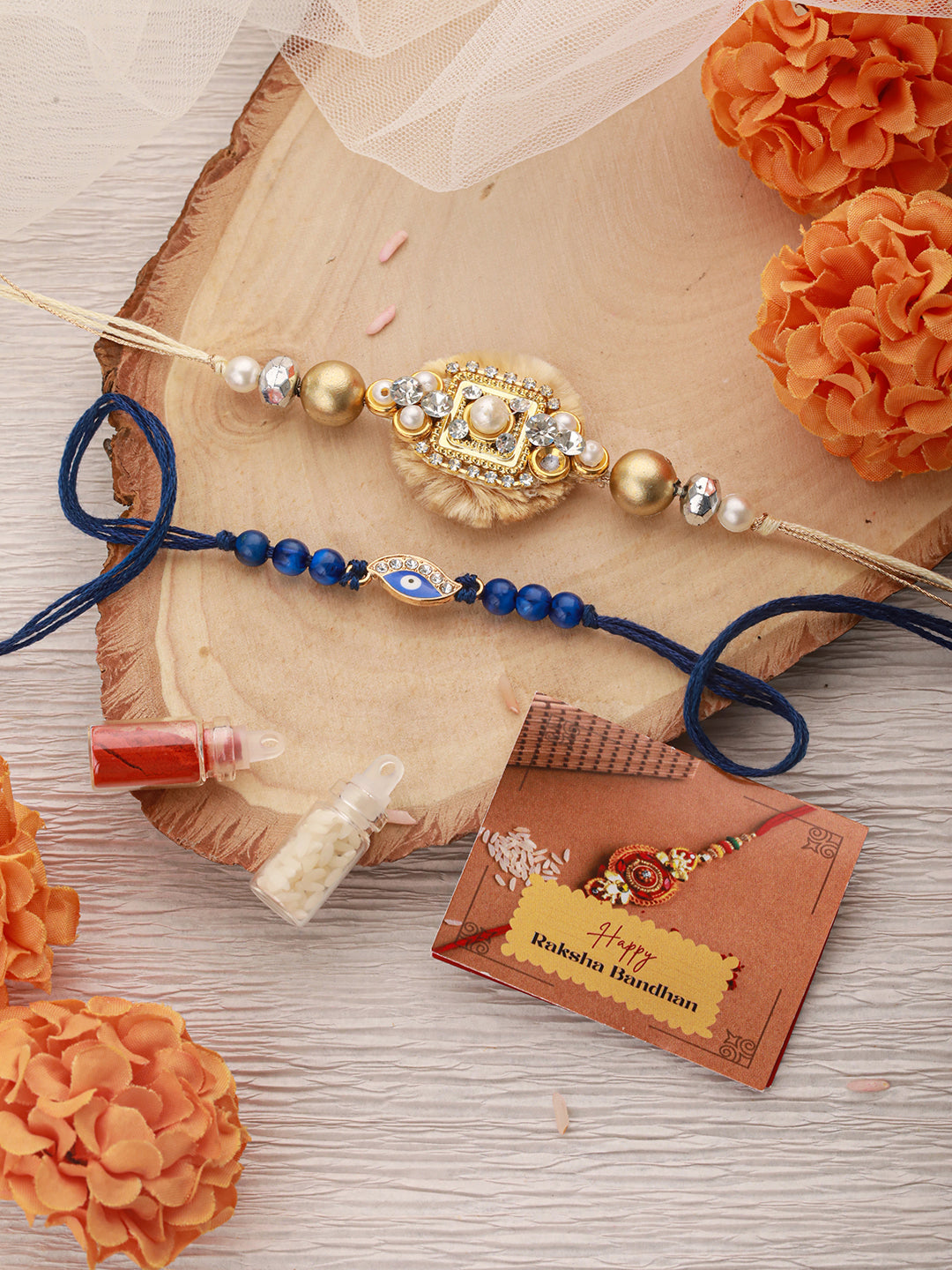 Set Of 2 Evil Eye & Stone Studded Traditional Handcrafted Thread  Rakhi With Roli Chawal
