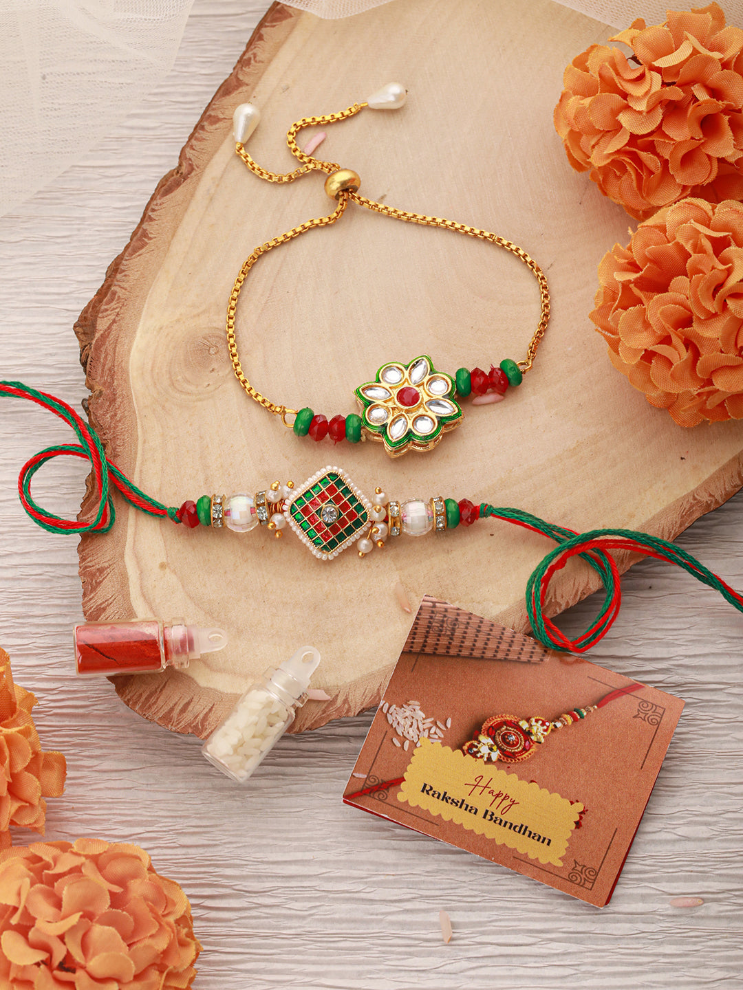 Set Of 2 Floral Green Kundan & Meenakari  Couple Bracelet Rakhi Set For Bhaiya & Bhabhi With Roli Tilak