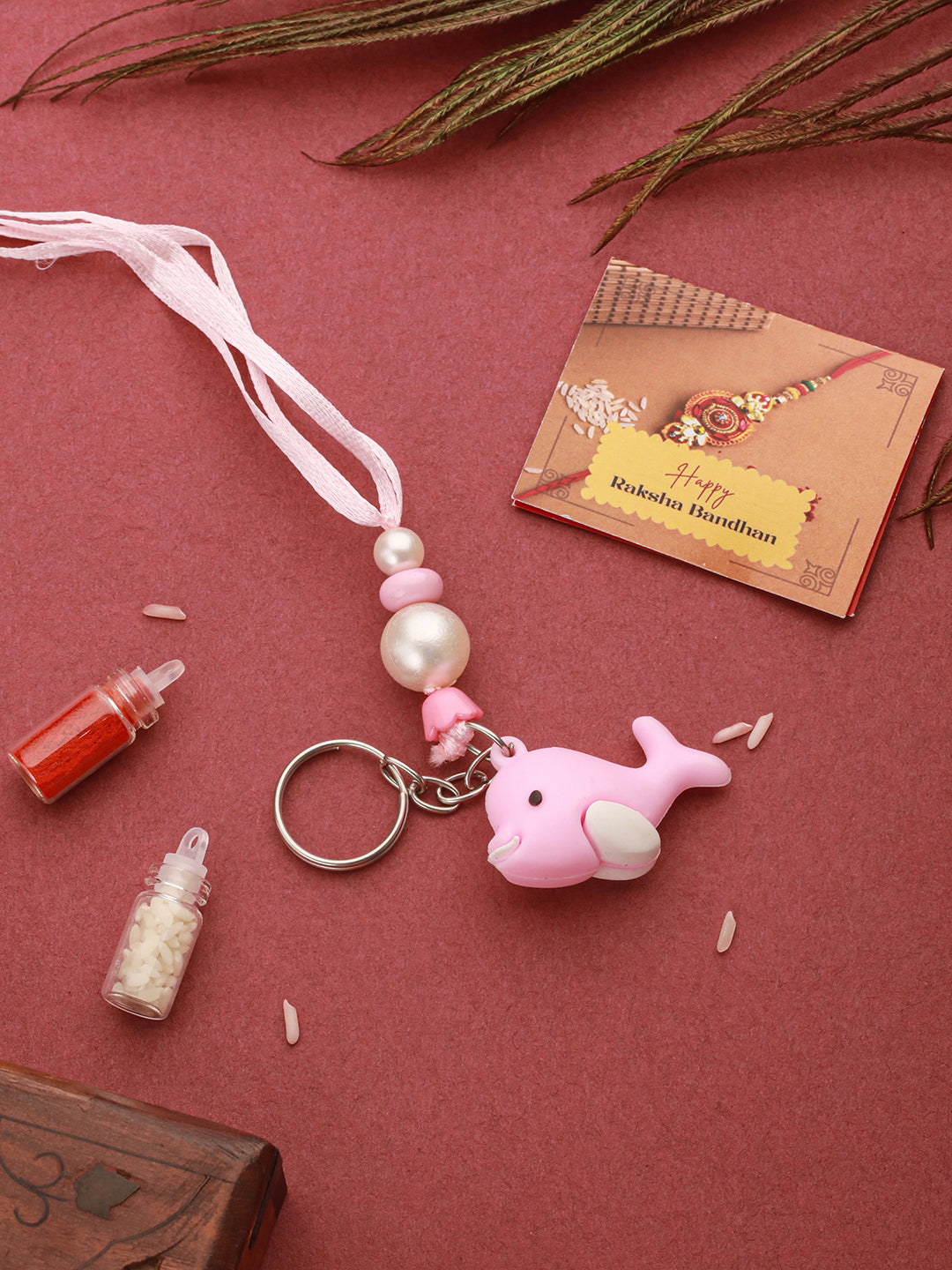 Pink Fish Key Chain Toy Rakhi For Girls With Roli Chawal