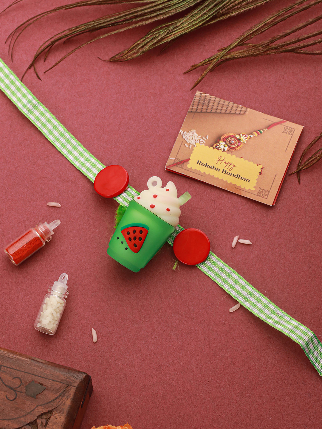 Green Ice  Cream Shape Toy  Ribbon Rakhi For Kids With Roli Chawal