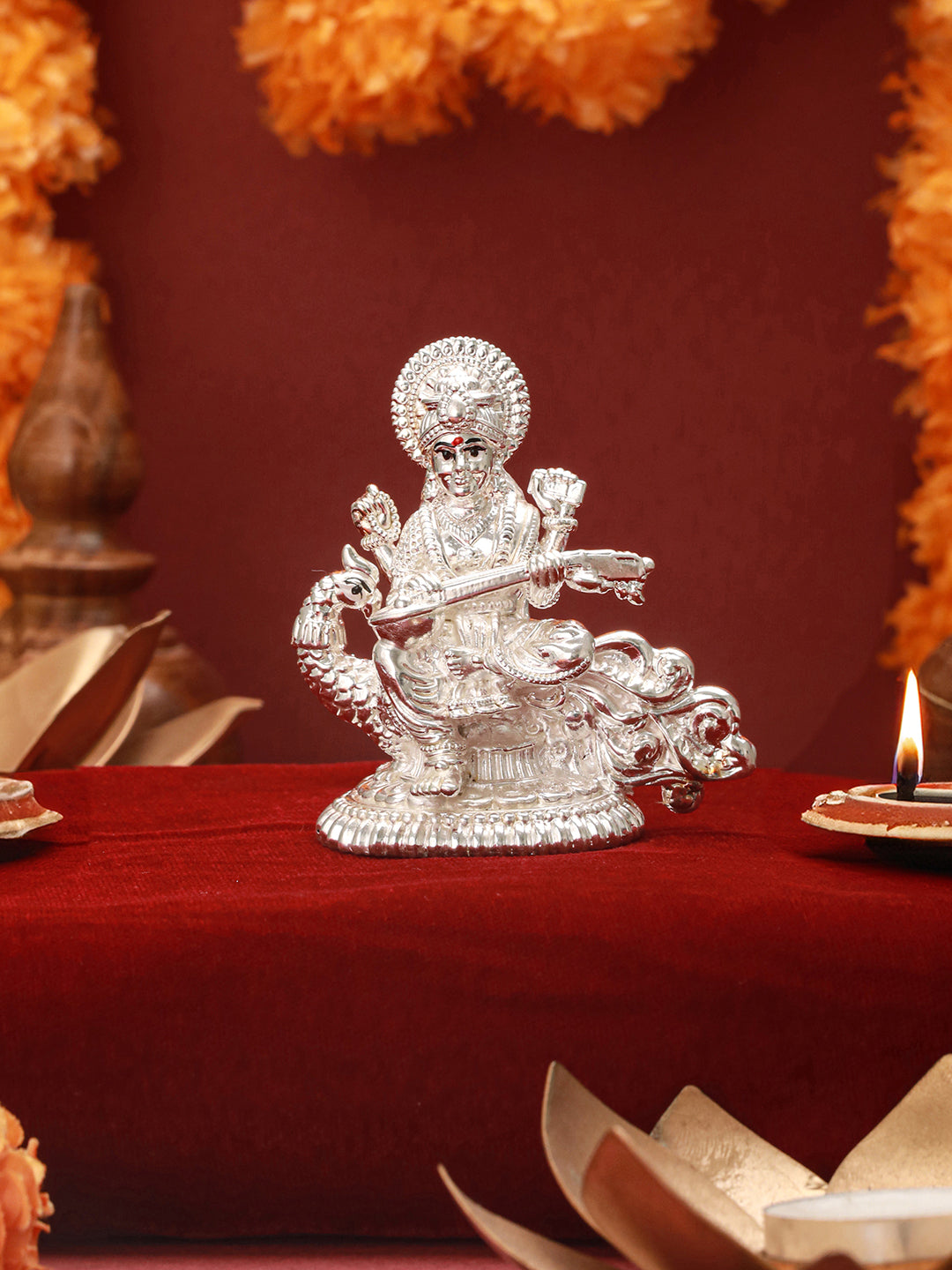 999 Pure Silver Divine Intricate  Maa Swaraswati  Veena Vadini Puja Silver Idol