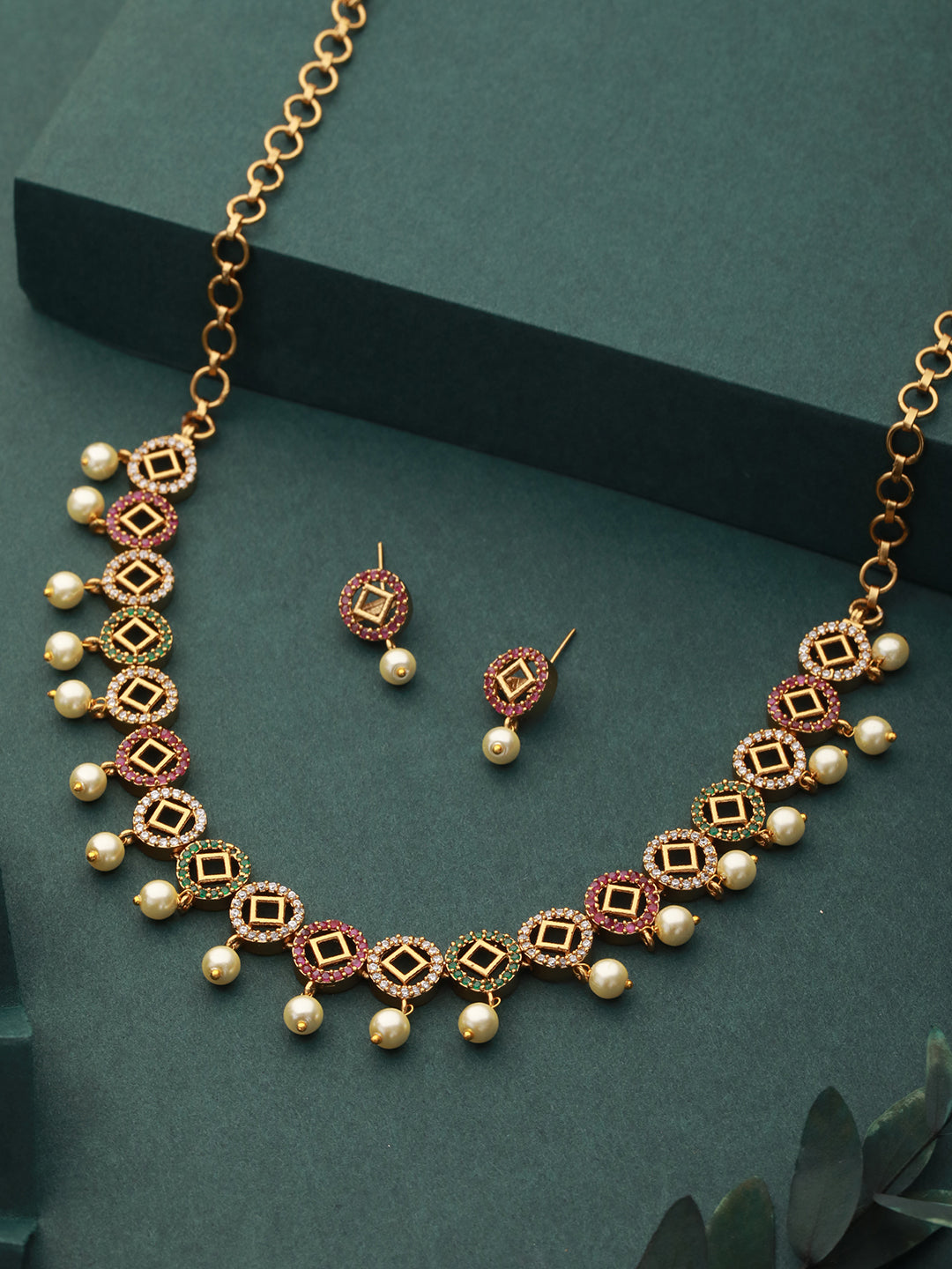 Gold toned Zircon Studded Geometric Minimal Jewellery Set