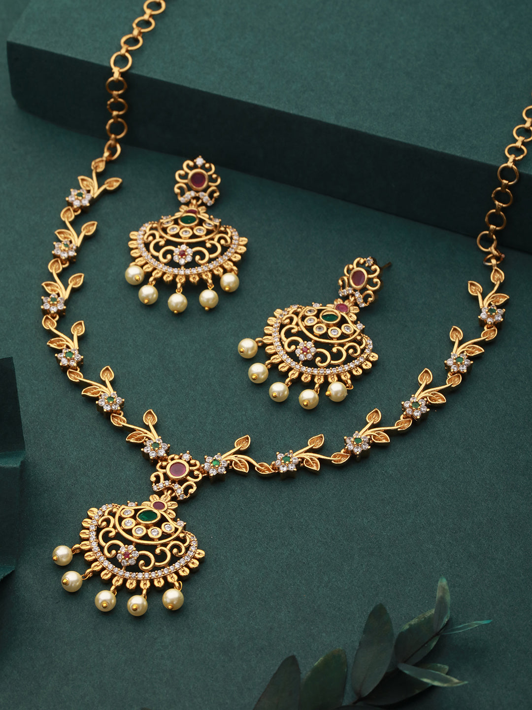 Gold Plated CZ Studded Floral Necklace Jewellery Set