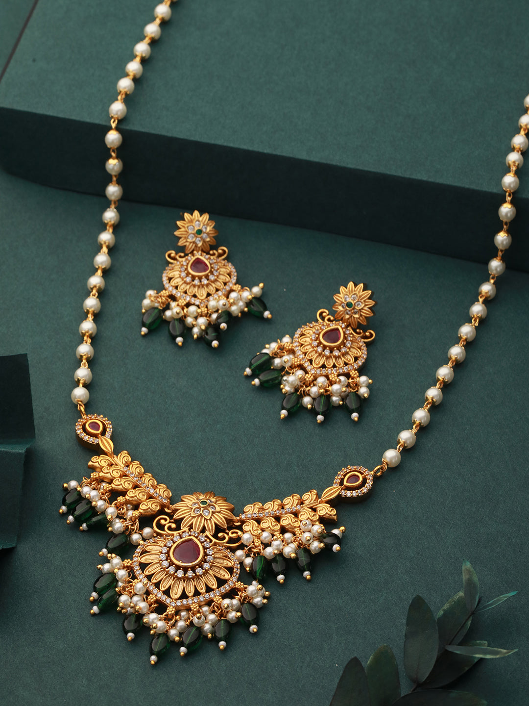 Gold Toned Pearl Mala Peacock Haram Necklace Jewellery Set
