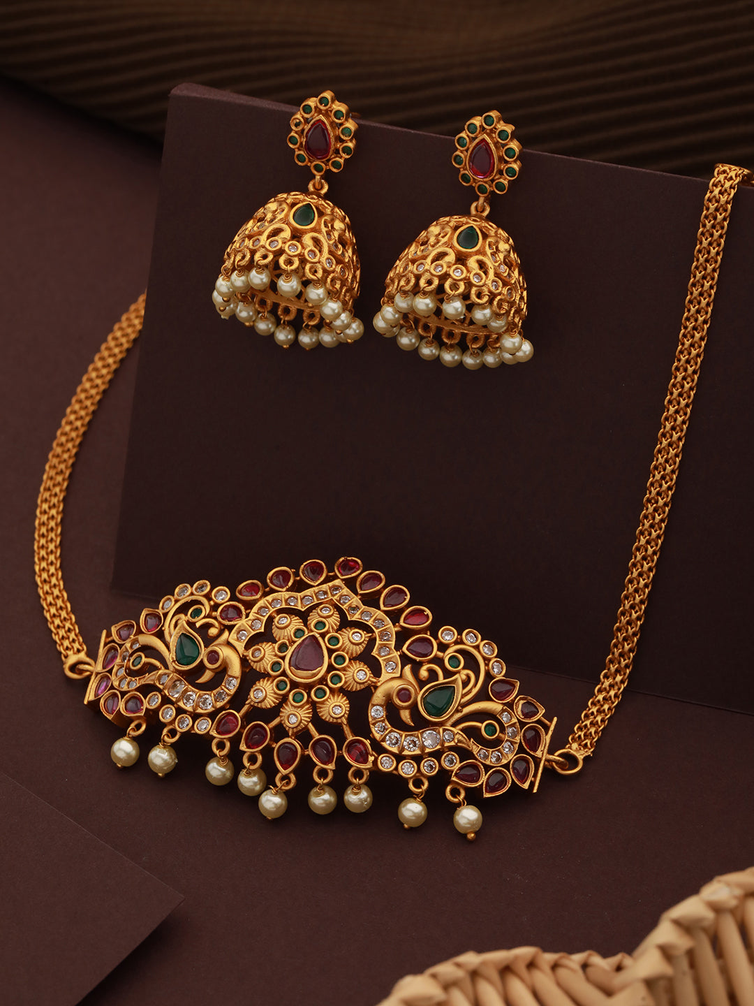 Gold plated Zircon  Studded Peacock Motif  Choker  Jewellery Set