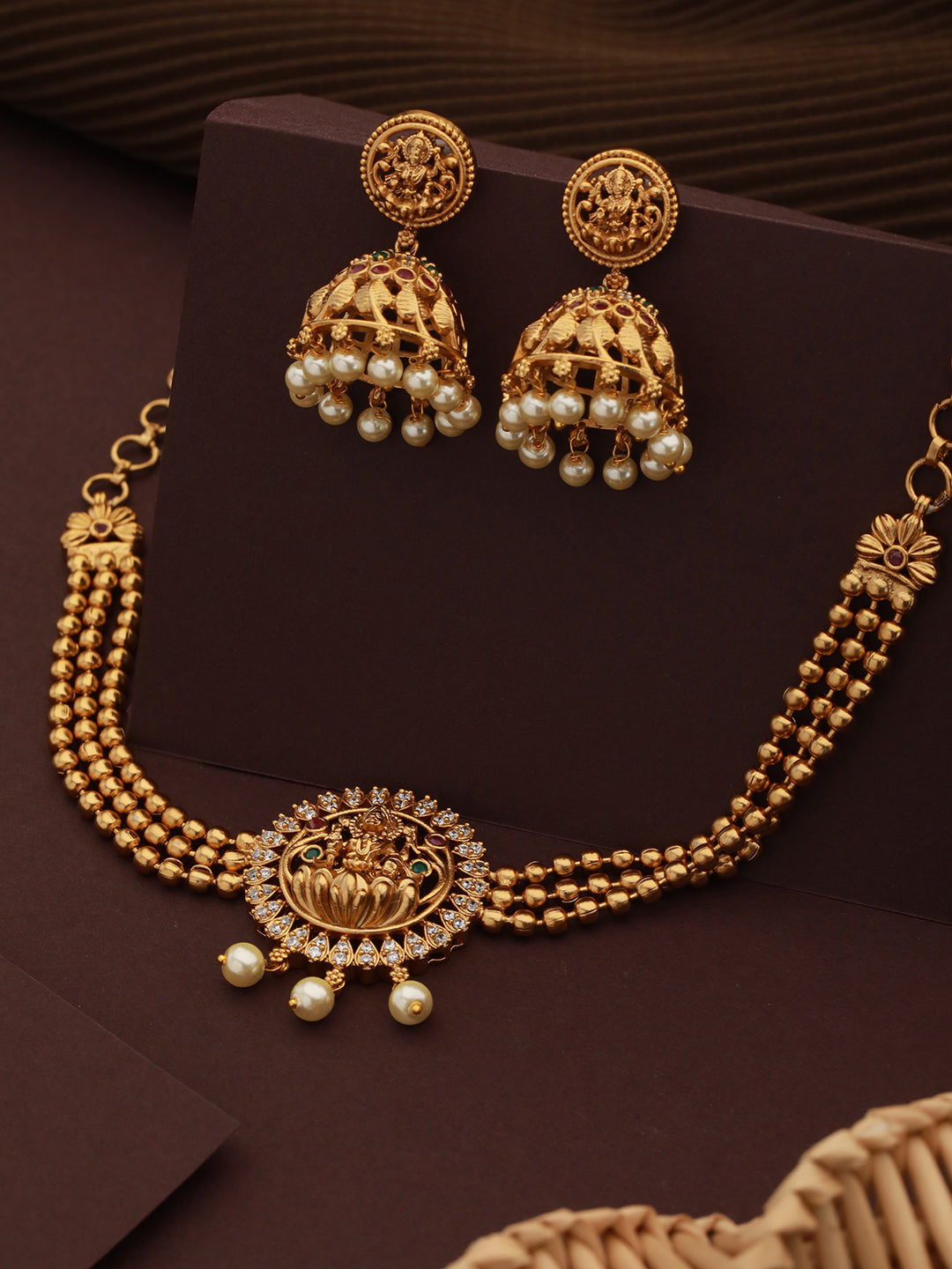 Gold Plated Zircon Studded Goddess Figure Choker  Jewellery Set