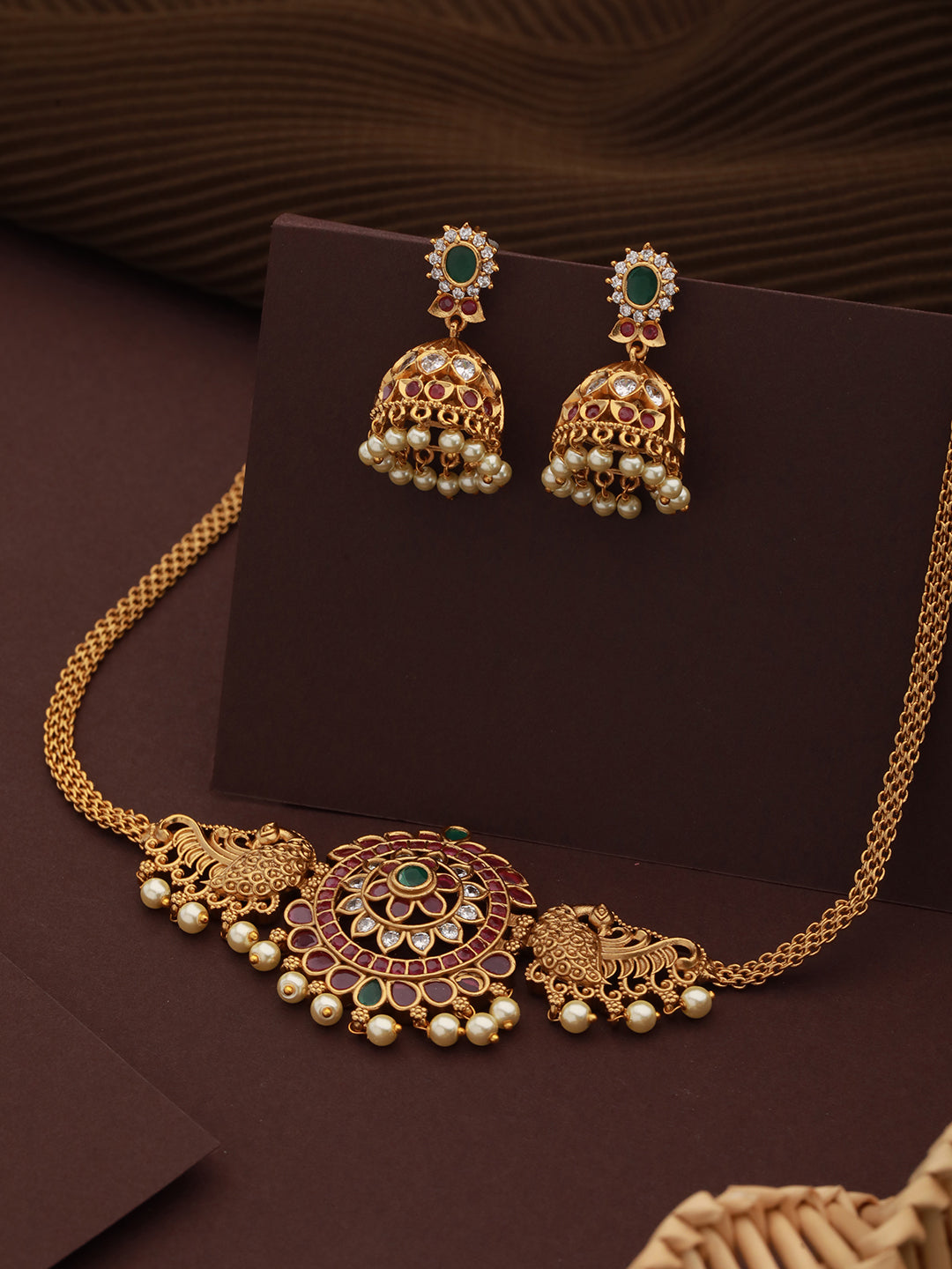 Gold Plated CZ Studded Floral Peacock  Choker  Jewellery Set